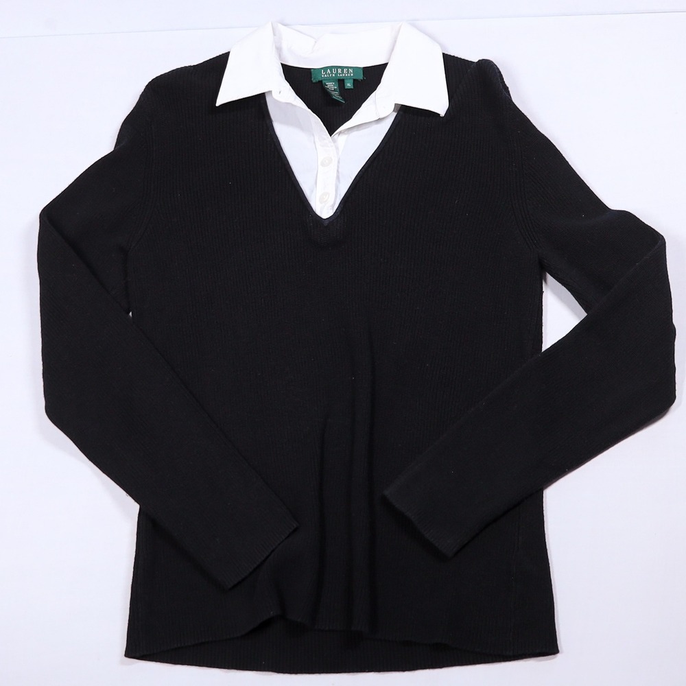 Lauren Ralph Lauren Sweater Women XL Black White Collar Layered Look Ribbed Knit